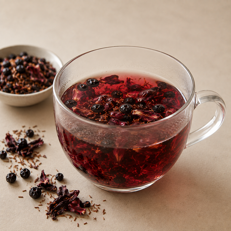 Herbal tea blend steeping and infusing in hot water