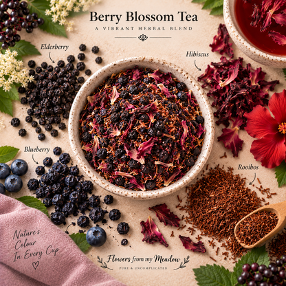 Berry Blossom Tea botanical blend showing Elderberry, Hibiscus, Blueberry and Rooibos