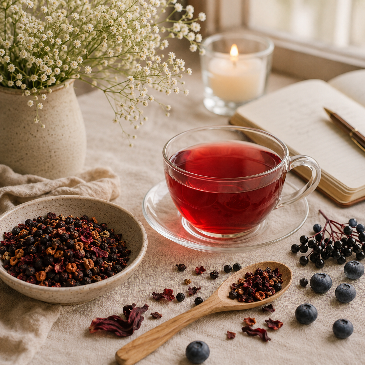 Berry Blossom Tea ritual with ruby-red herbal tea, loose botanical blend, elderberries and blueberries
