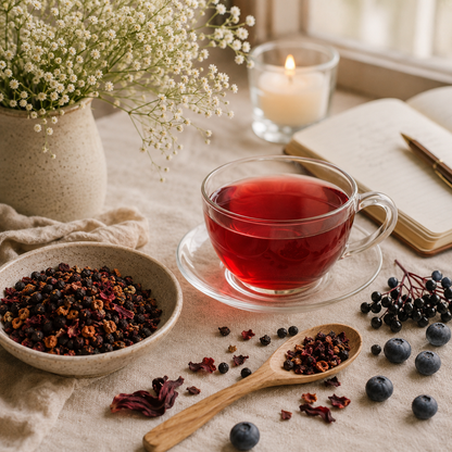 Berry Blossom Tea ritual with ruby-red herbal tea, loose botanical blend, elderberries and blueberries