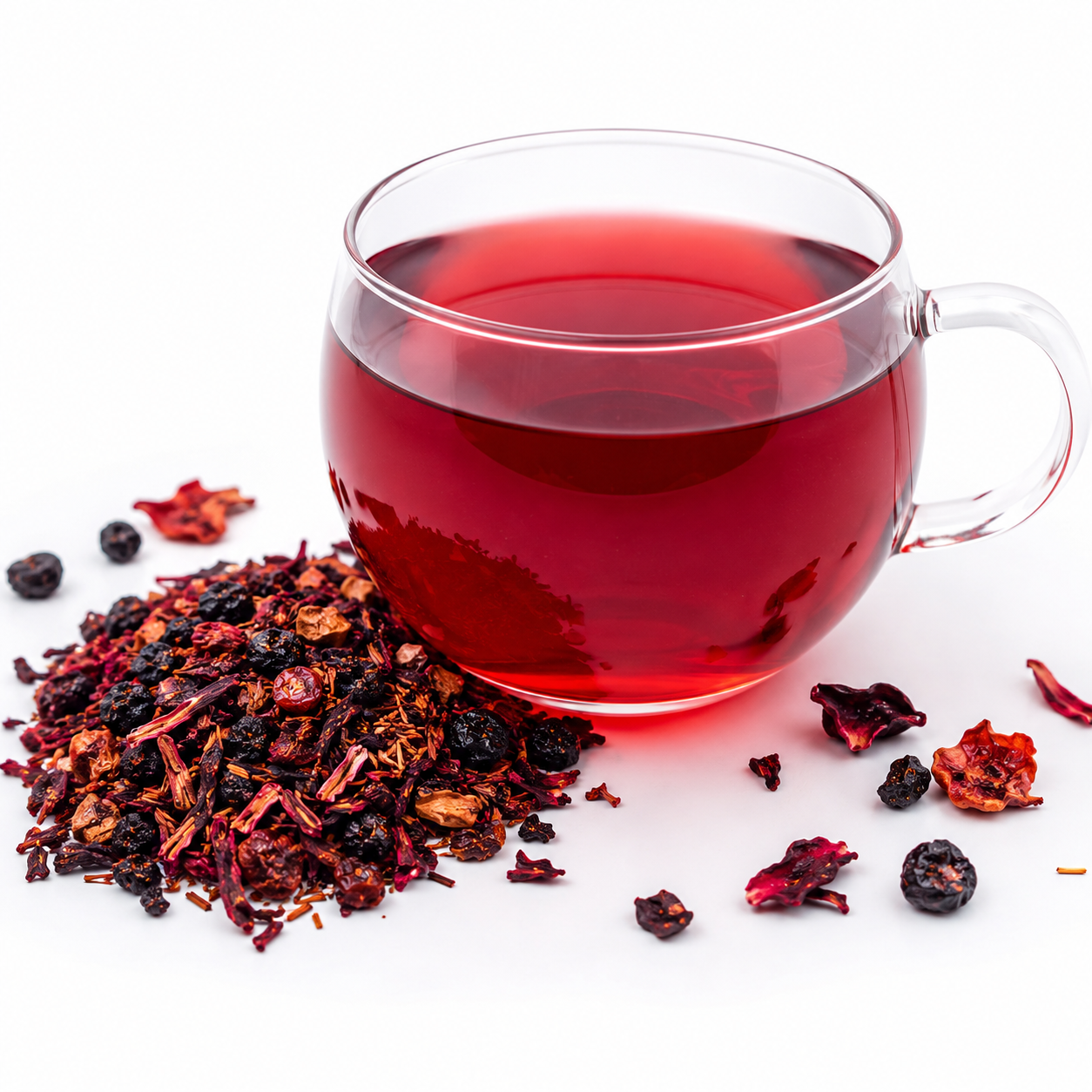 Brewed Berry Blossom Tea in a clear glass cup beside the colourful loose leaf botanical blend