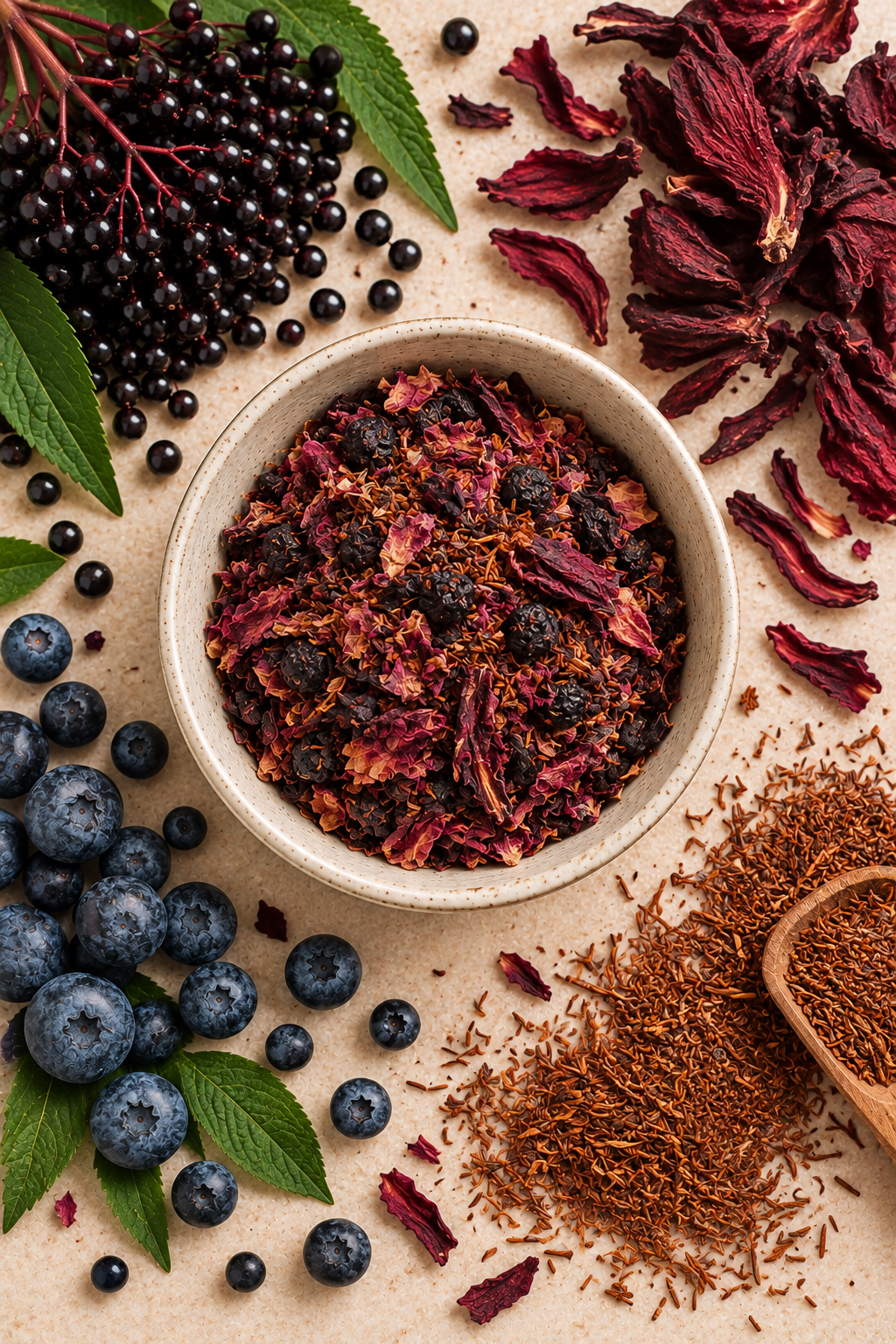 Berry Blossom loose leaf tea surrounded by elderberry, blueberry, hibiscus, rooibos and rose botanicals