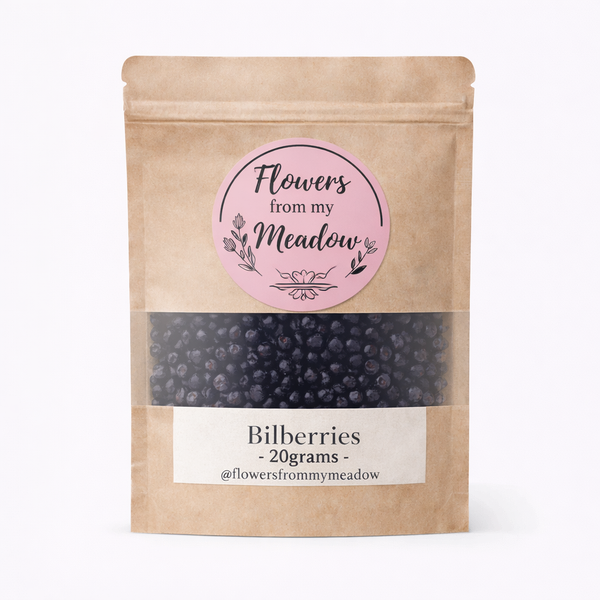 Package of bilberries with 'Flowers from my Meadow' label on a white background