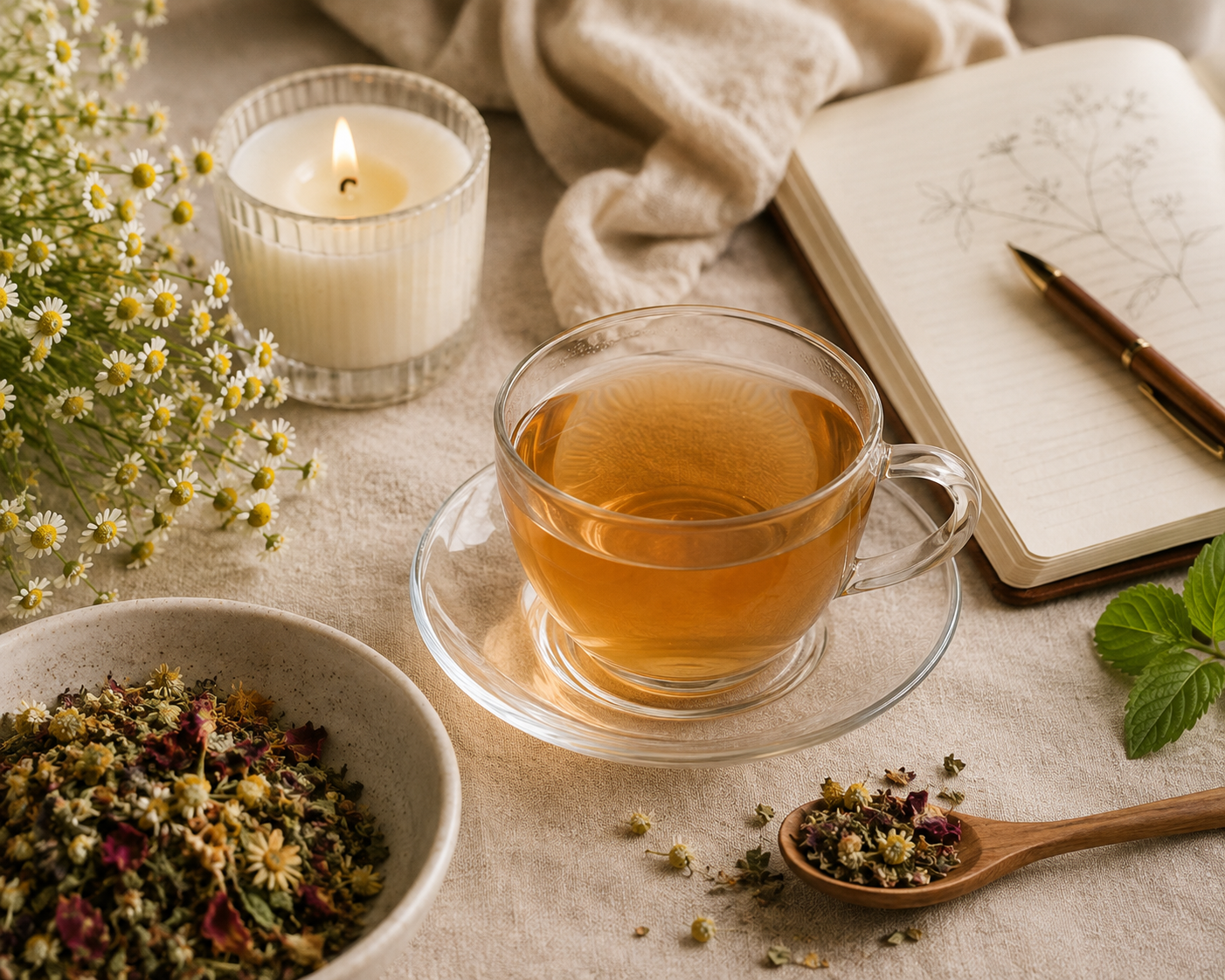 Blossom & Bloom botanical tea ritual with brewed herbal tea and loose leaf botanicals