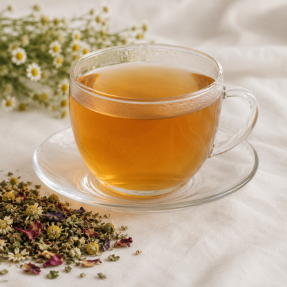 Brewed Flowers from my Meadow Blossom & Bloom Tea in a clear glass cup