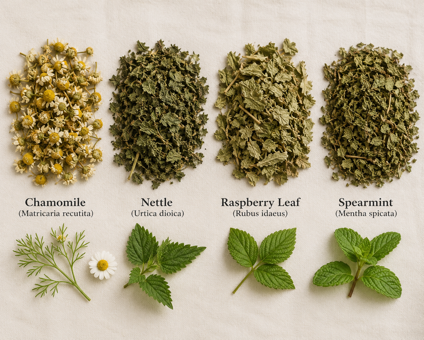Key botanicals in Blossom & Bloom Tea: chamomile, nettle, raspberry leaf and spearmint
