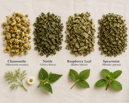 Key botanicals in Blossom & Bloom Tea: chamomile, nettle, raspberry leaf and spearmint