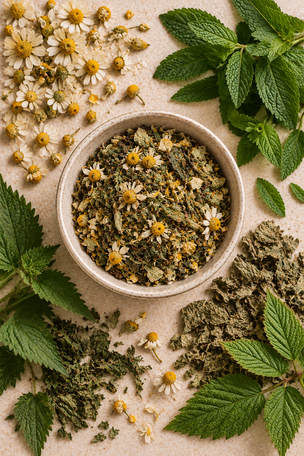 Blossom & Bloom loose leaf tea surrounded by chamomile, nettle, raspberry leaf and spearmint botanicals