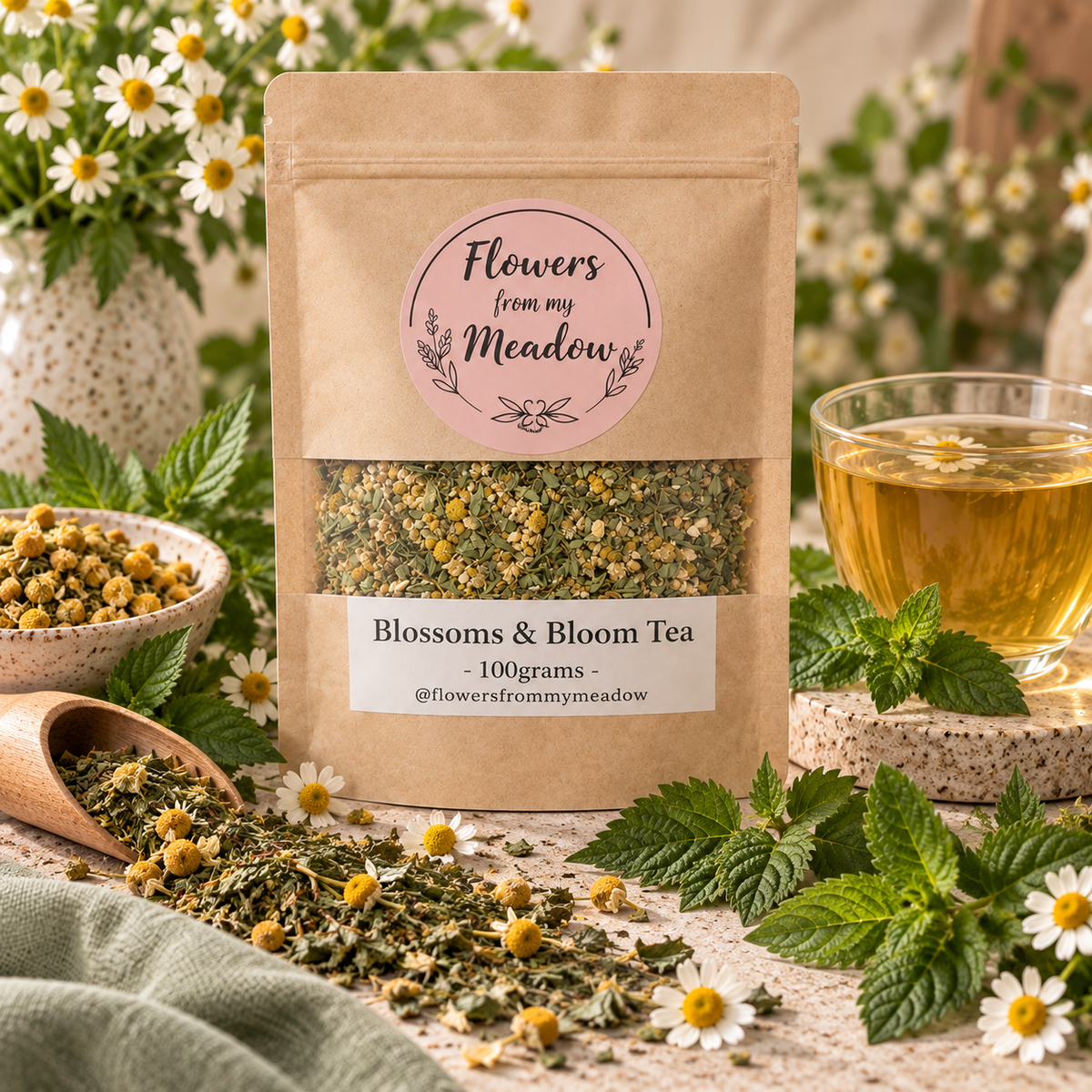 Blossoms & Bloom Tea 100 g with Chamomile, Nettle, Raspberry Leaf and Spearmint alongside a golden brewed herbal infusion