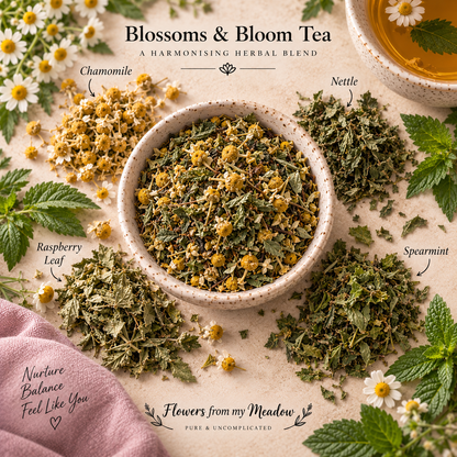 Blossoms & Bloom Tea botanical blend showing Chamomile, Nettle, Raspberry Leaf and Spearmint