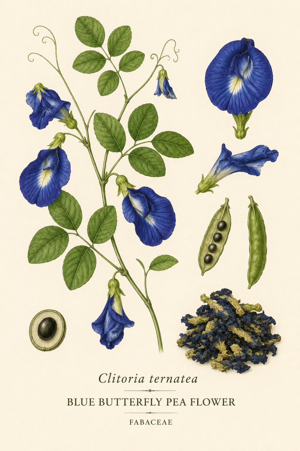 Blue Butterfly Pea Flower botanical illustration