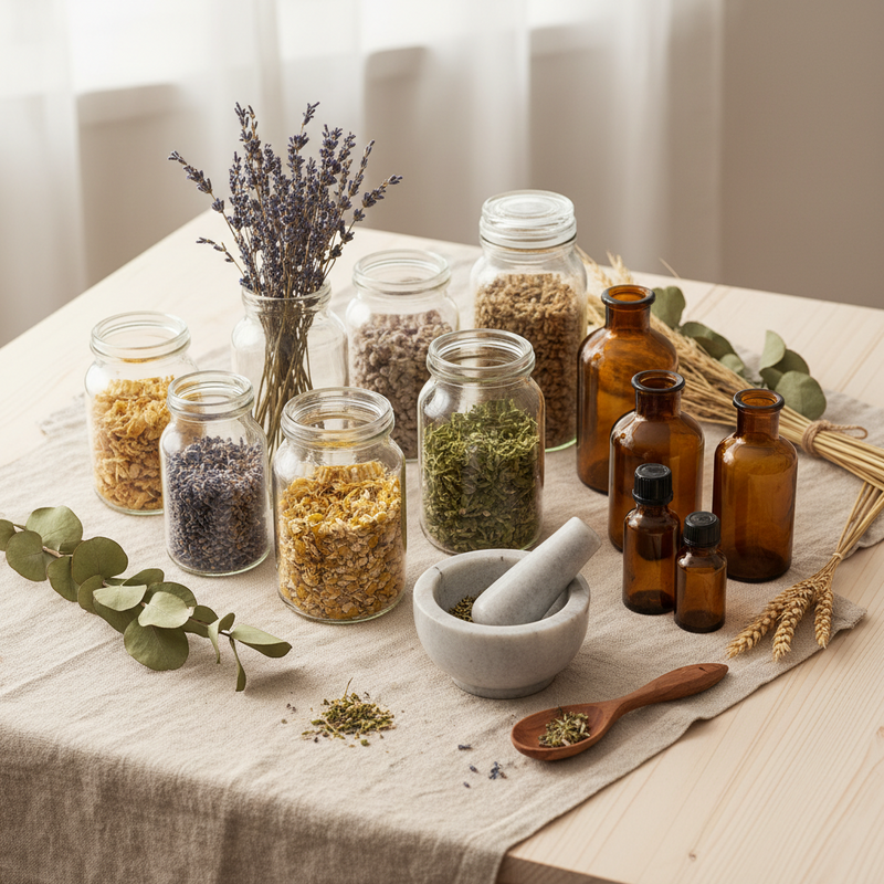 Botanical apothecary with dried herbs, flowers and traditional botanical preparations