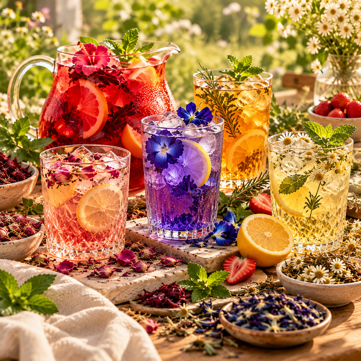 Colourful botanical iced teas with citrus, flowers and herbs on a sunlit summer table