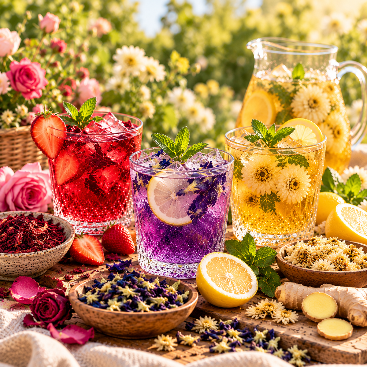 Colourful botanical iced teas with flowers, citrus and herbs on a sunlit summer table