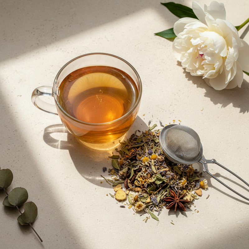 Loose-leaf botanical herbal tea with dried flowers and herbs
