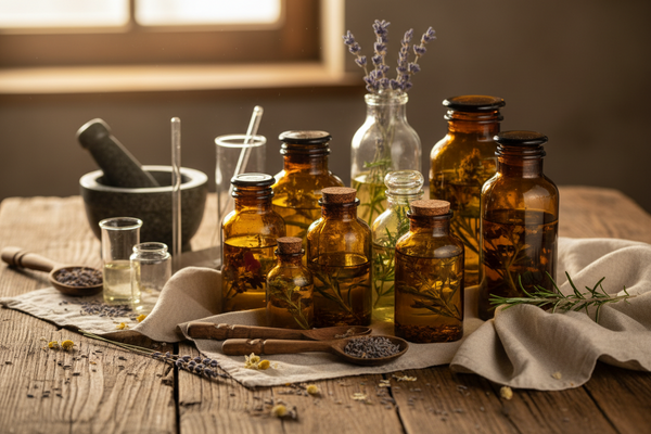 botanical-oils-infusing-in-amber-glass-jars-linen-cloths-wooden-spoons-and-traditional-apothecary-tools