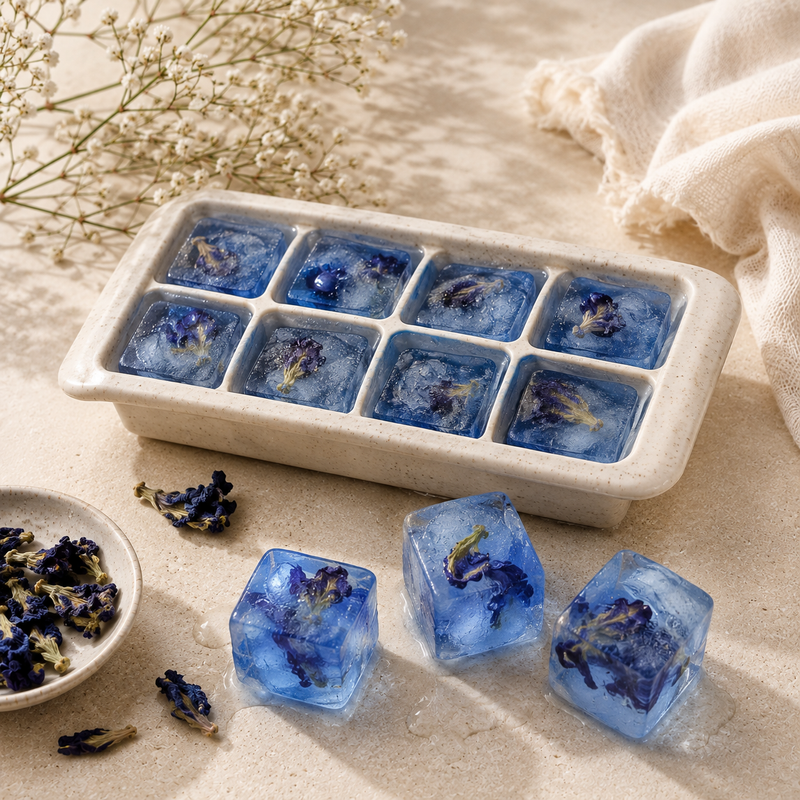Blue botanical ice cubes made from butterfly pea flower infusion