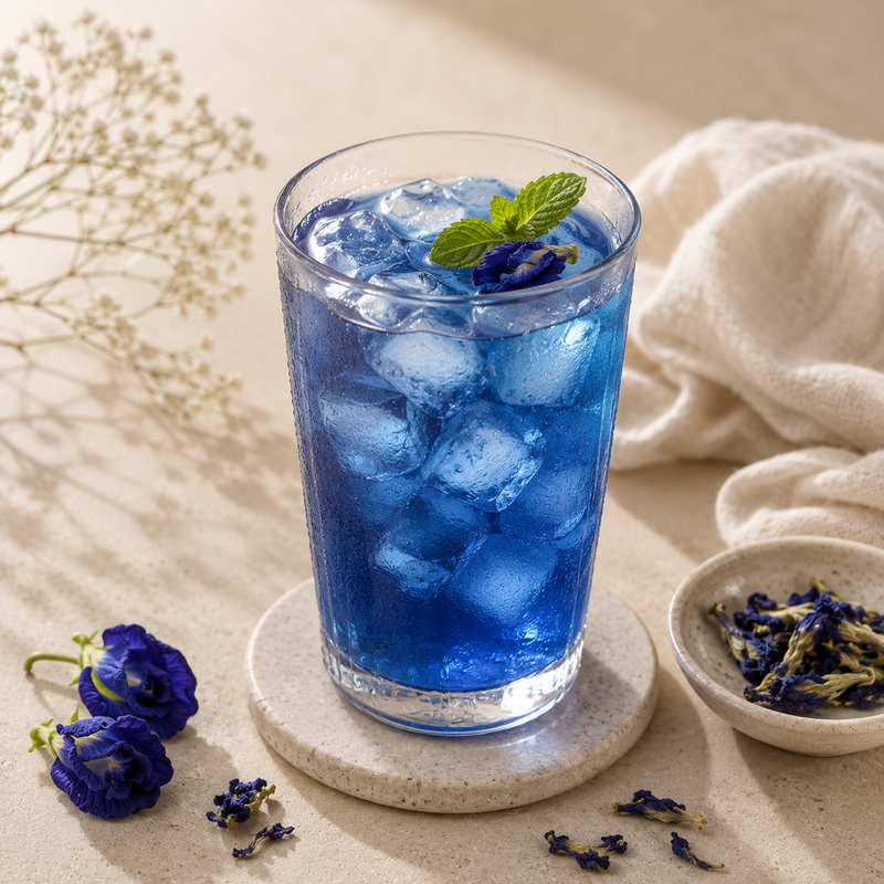 clear glass with vivid blue chilled infusion, ice and subtle botanical styling