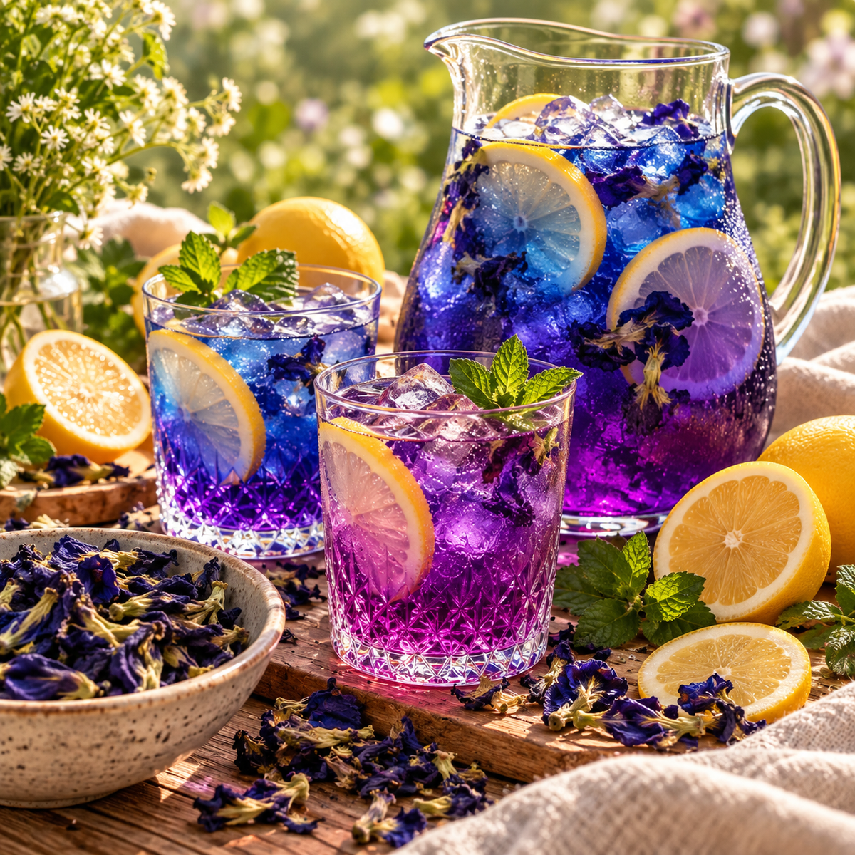 Blue and violet Butterfly Pea iced tea with fresh lemon, mint and ice