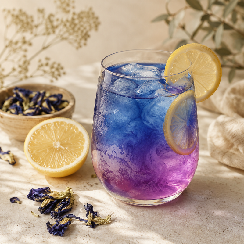 Blue butterfly pea flower lemonade changing from blue to violet with fresh lemon