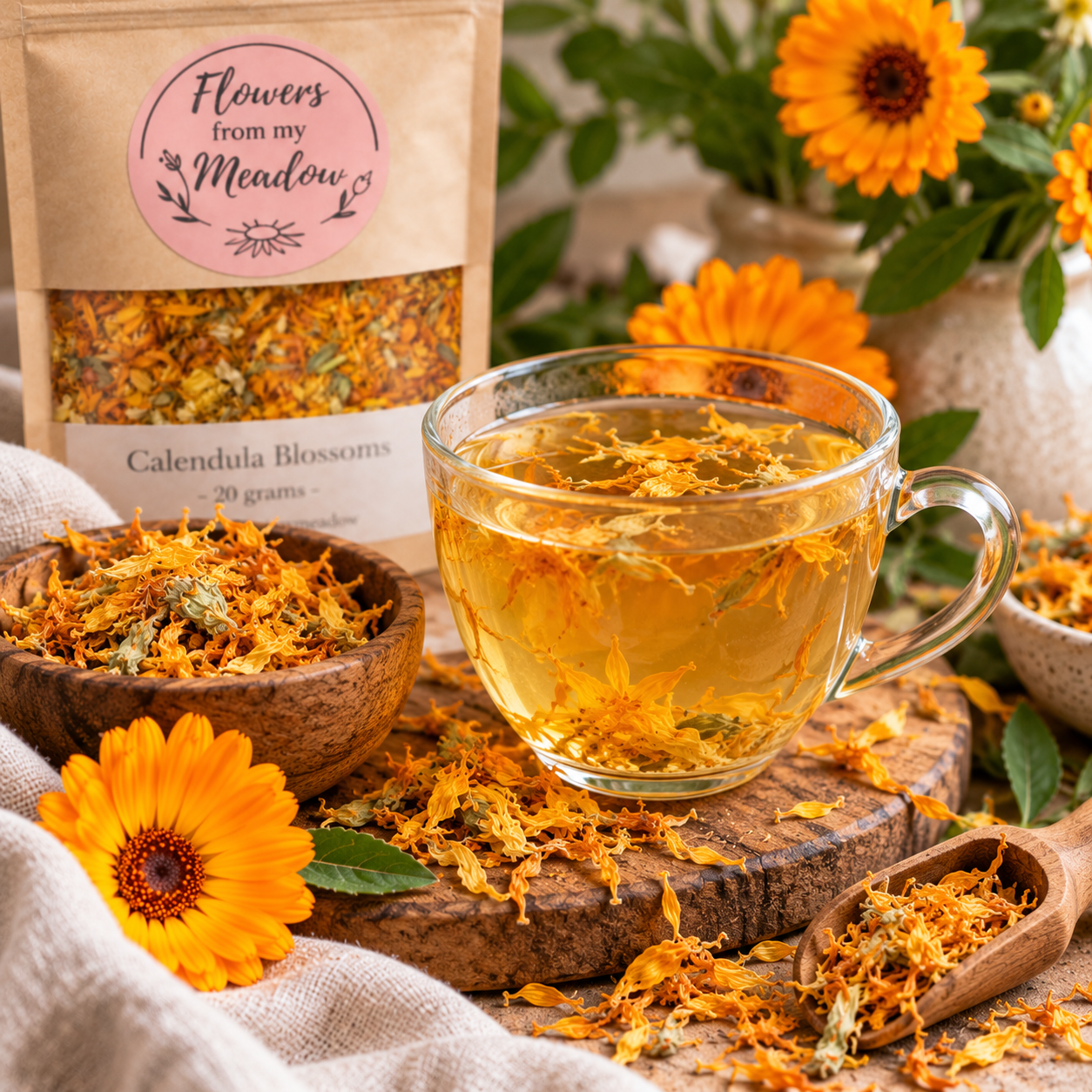 Calendula blossom tea with dried Calendula officinalis flowers and a naturally golden herbal infusion
