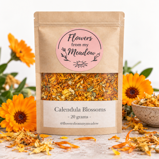 Calendula Blossoms 20 g resealable kraft pouch filled with dried Calendula officinalis flowers