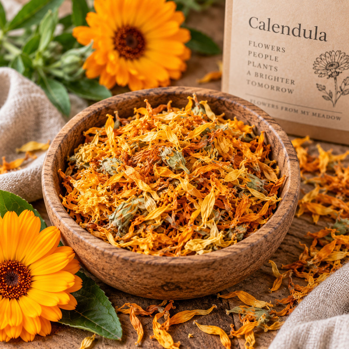Dried Calendula Blossoms in a wooden bowl showing the natural orange and golden Calendula officinalis petals