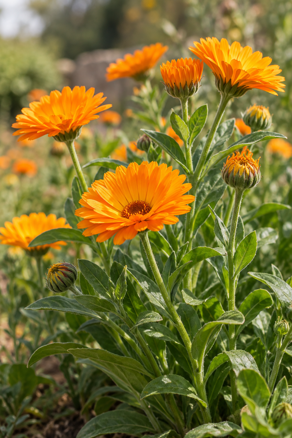 Fresh Calendula officinalis plants showing vibrant golden-orange flowers, green leaves, stems and developing flower buds