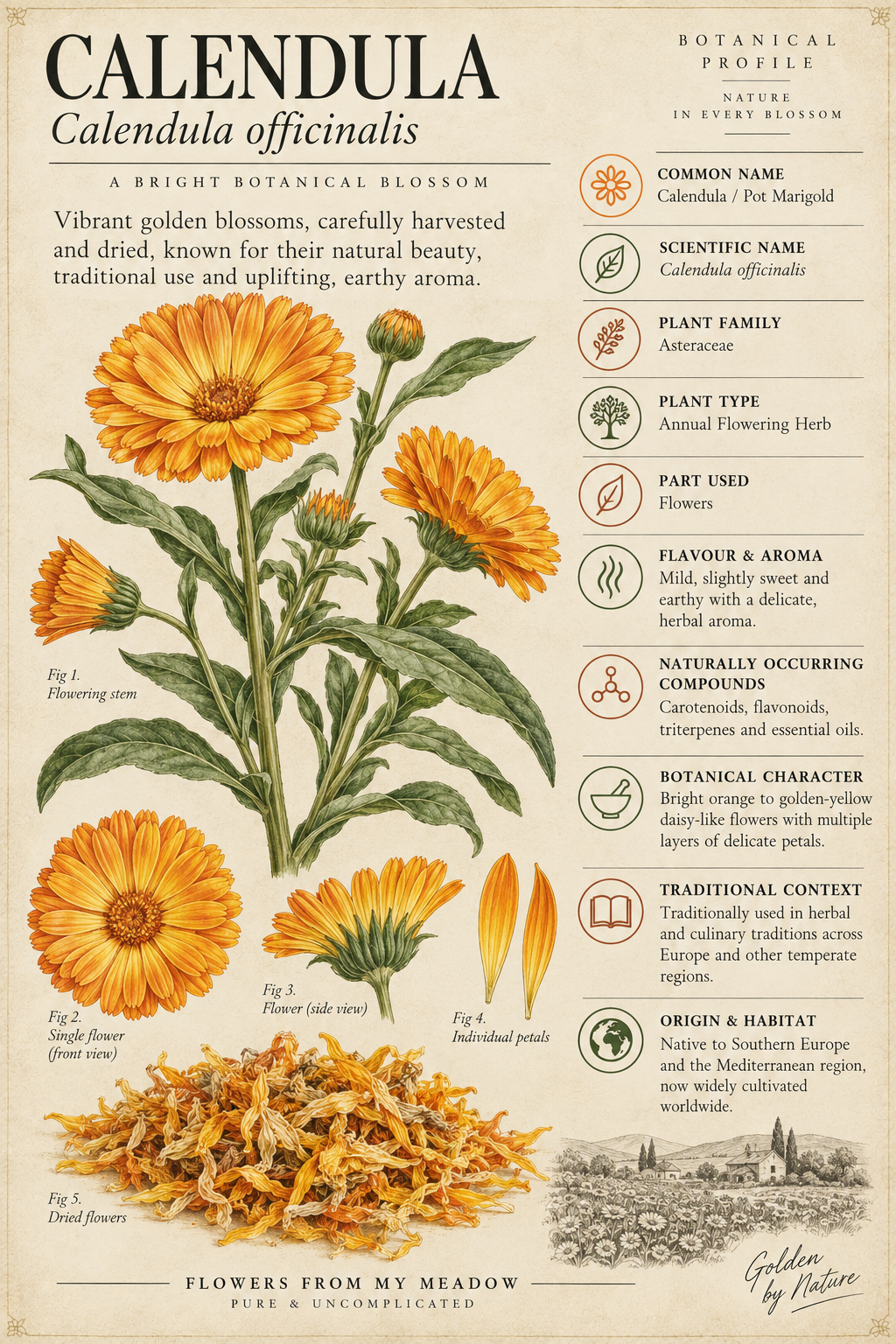 Vintage botanical profile of Calendula showing Calendula officinalis flowers, dried petals and key botanical information