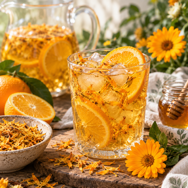 Calendula orange and honey iced tea with dried Calendula officinalis blossoms, fresh orange slices, honey and ice