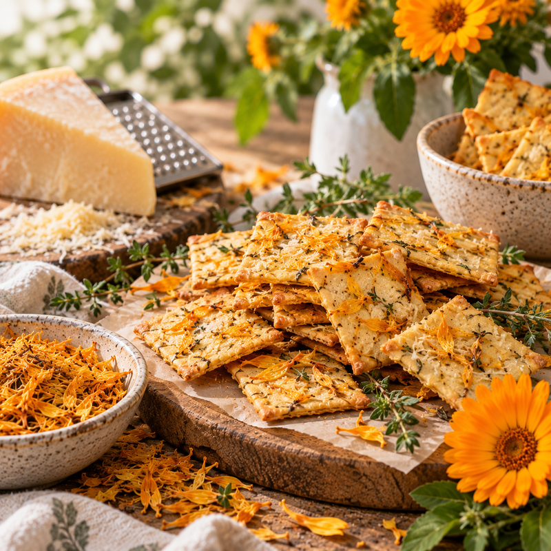 Calendula Parmesan and herb crackers with dried Calendula officinalis petals, Parmesan cheese and fresh thyme