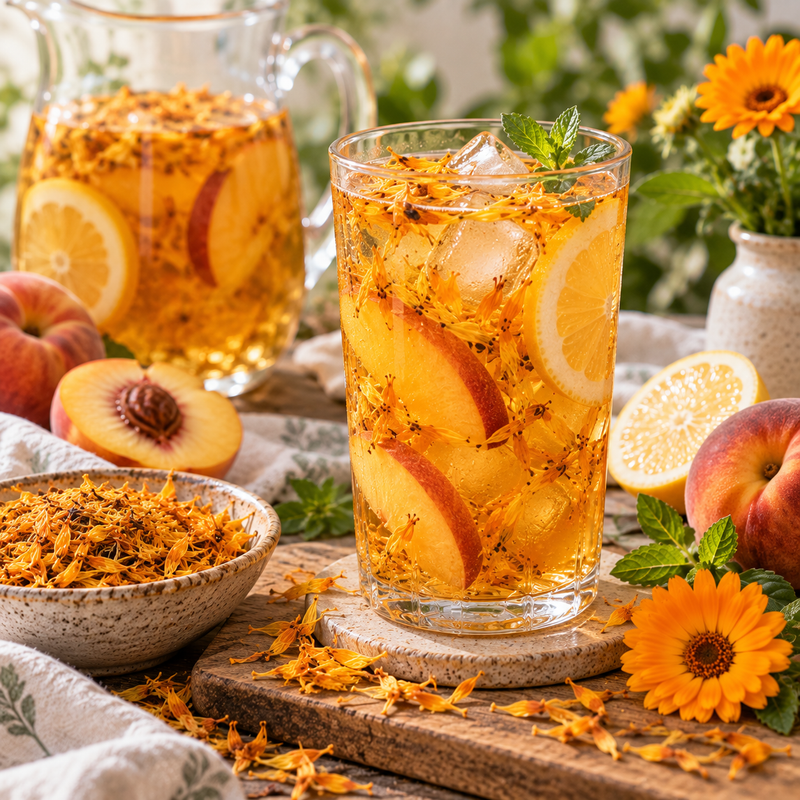 Calendula peach and lemon cooler with dried Calendula officinalis blossoms, fresh peach, lemon and ice