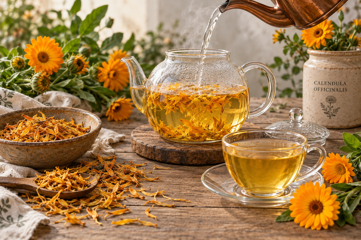 Calendula tea preparation with dried Calendula officinalis blossoms steeping in a glass teapot and a finished golden floral infusion