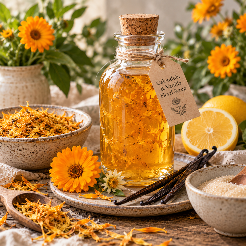 Calendula and vanilla floral syrup with dried Calendula officinalis blossoms, vanilla pods and fresh lemon