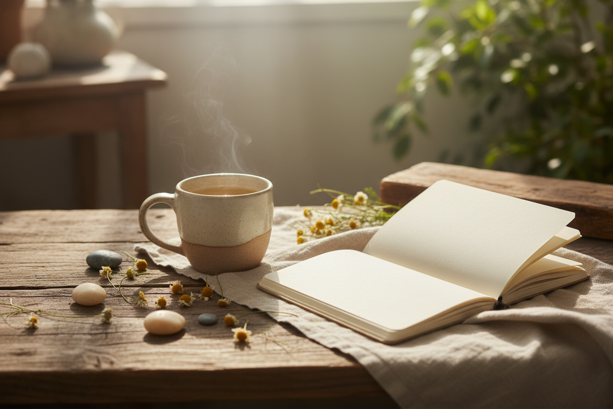 Calm botanical wellness scene.
Morning light, wooden table, herbal tea mug, open notebook, dried chamomile.
Soft neutral tones, natural textures.
No people, no text.
Landscape, high resolution.
