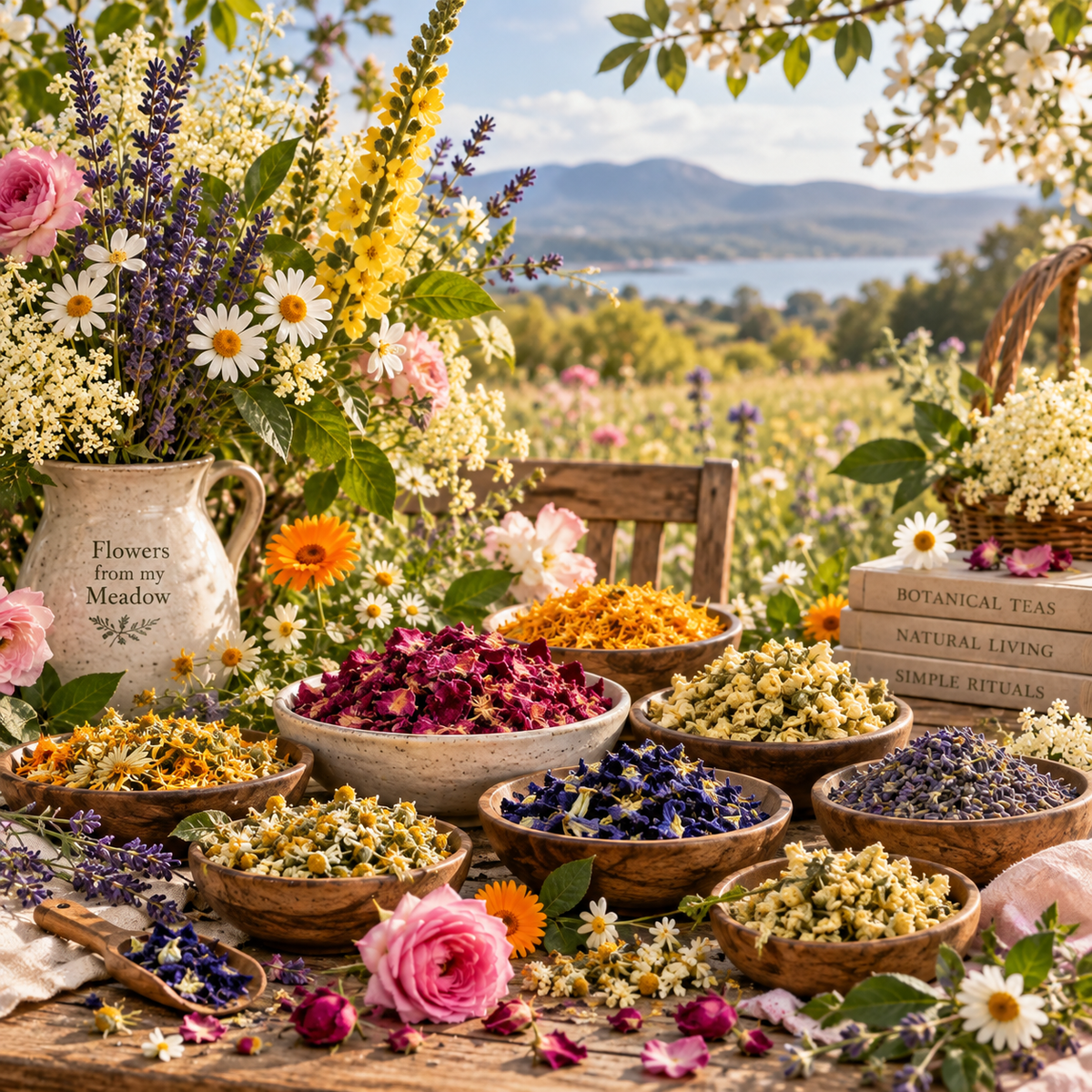 Flowers from my Meadow spring botanical collection with colourful dried flowers, fresh meadow blossoms and floral botanicals in a sunlit garden setting