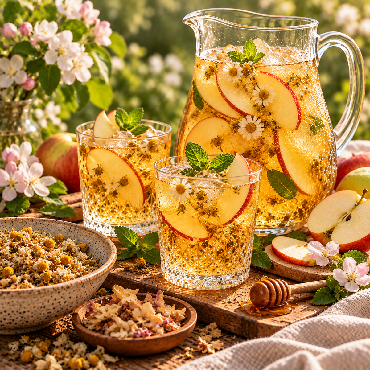 Golden Chamomile and Apple iced tea with fresh apple slices, honey, mint and ice