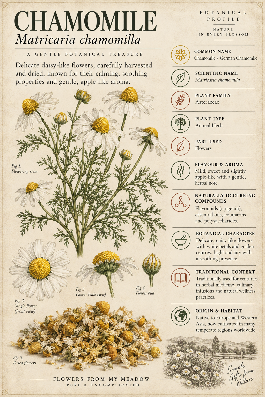 Vintage botanical profile of Chamomile showing Matricaria chamomilla flowers, dried blossoms and key botanical information