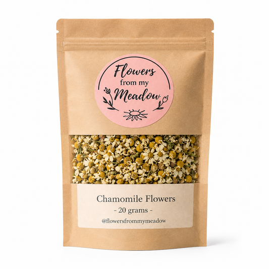 Chamomile Flowers 20 g resealable kraft pouch filled with dried chamomile flower heads