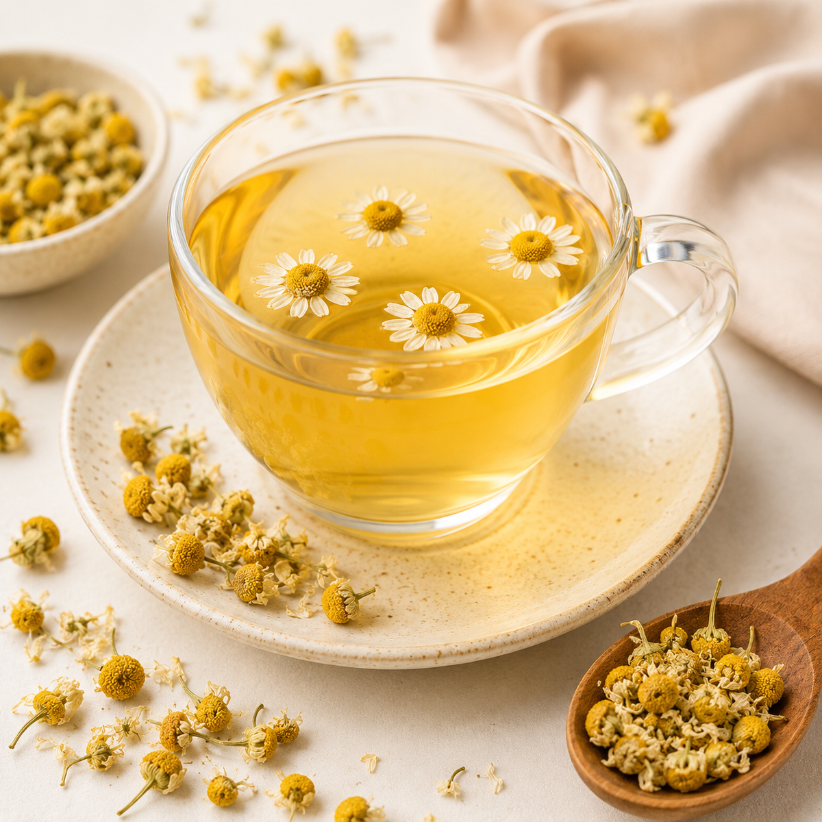 Golden Chamomile Flower tea in a clear glass cup with dried chamomile flowers nearby