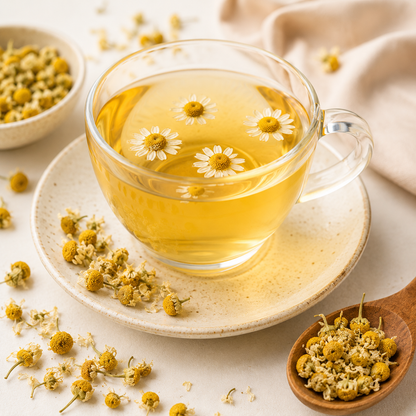 Golden Chamomile Flower tea in a clear glass cup with dried chamomile flowers nearby