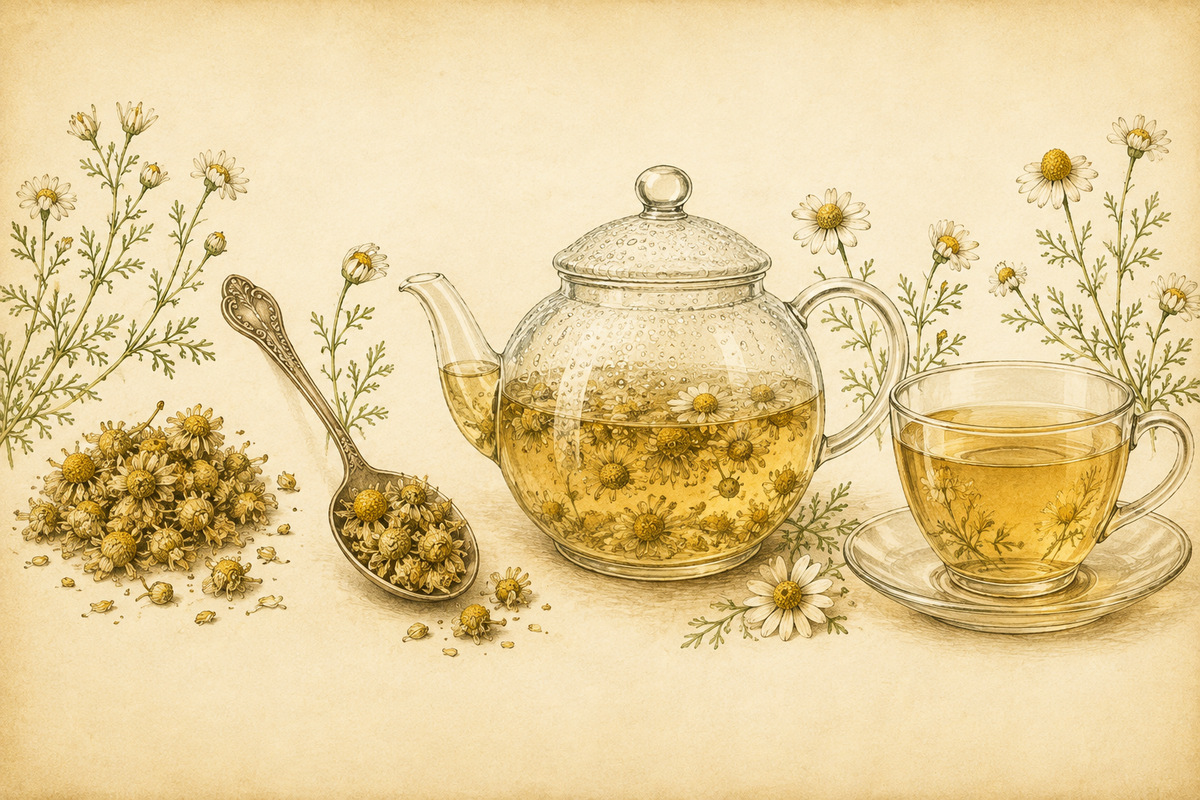 Vintage botanical illustration showing dried Chamomile Flowers, measured flowers, chamomile steeping in a glass teapot and a finished golden infusion