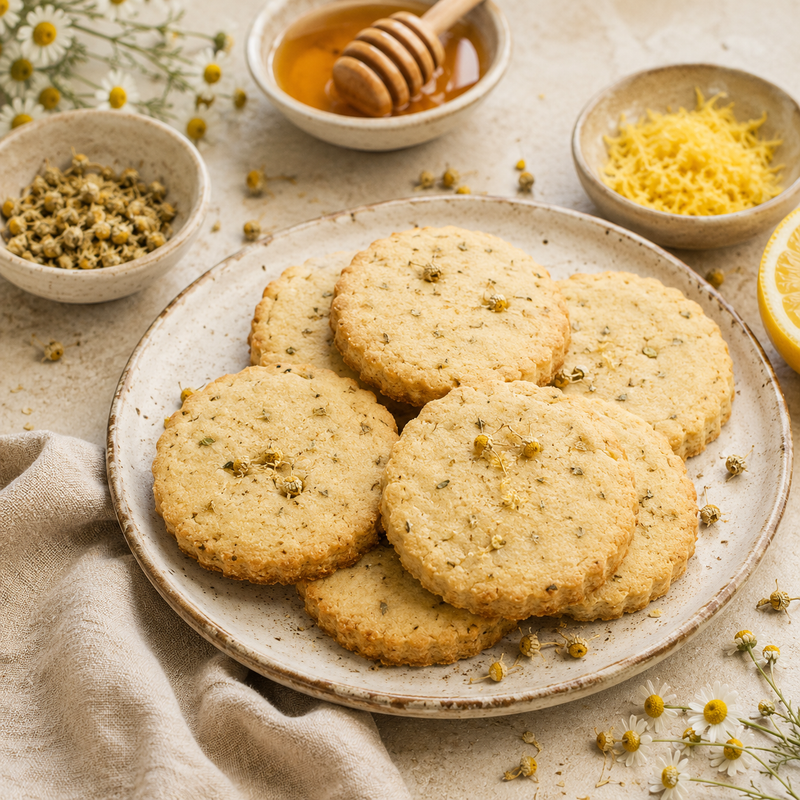 Chamomile honey and lemon shortbread biscuits with dried Chamomile Flowers, honey and fresh lemon zest