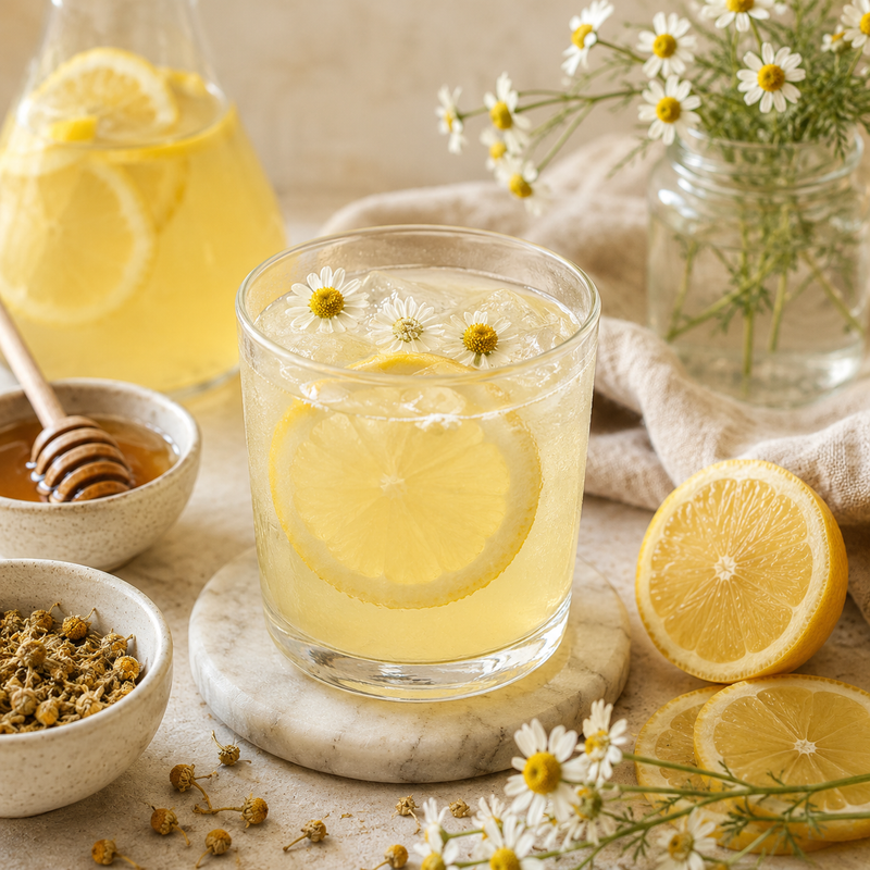 Chamomile and honey lemonade served over ice with fresh lemon, honey and dried Chamomile Flowers