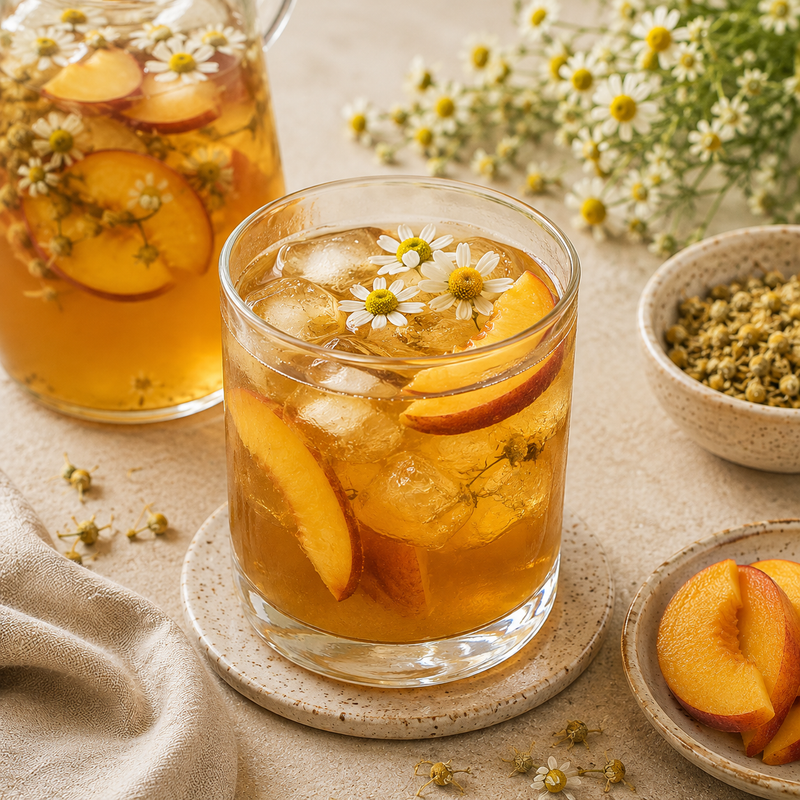 Chamomile and peach iced tea served with fresh peach slices, ice and Chamomile Flowers