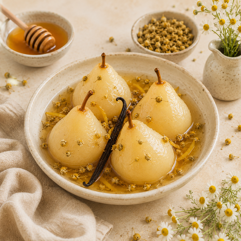 Chamomile and vanilla poached pears served in golden botanical syrup with dried Chamomile Flowers