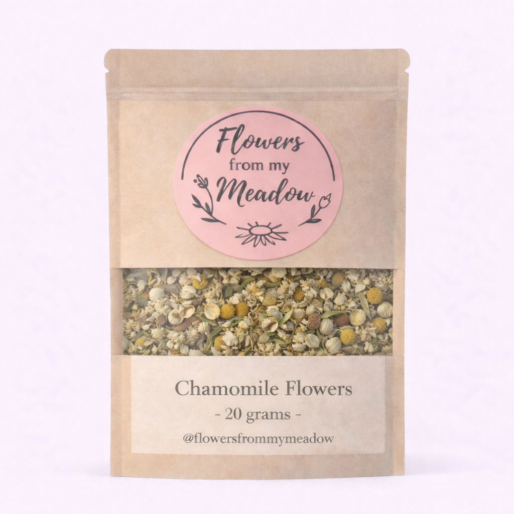 Package of chamomile flowers with 'Flowers from my Meadow' label on a white background