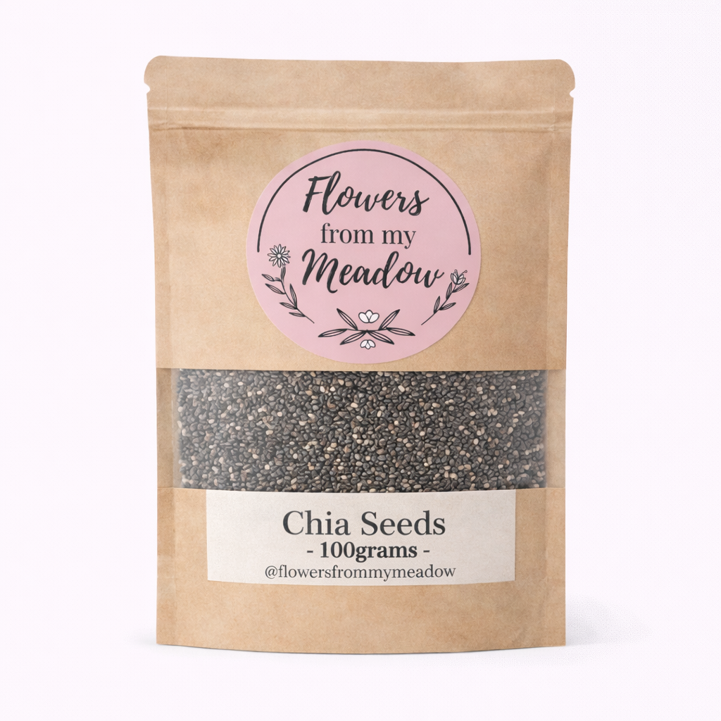 Package of chia seeds with 'Flowers from my Meadow' label on a white background