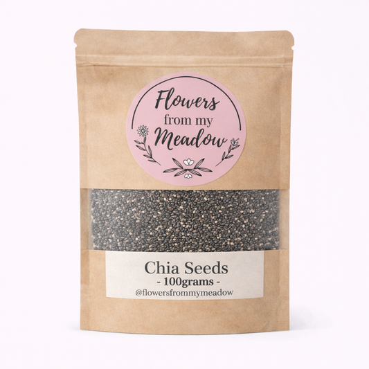 Package of chia seeds with 'Flowers from my Meadow' label on a white background