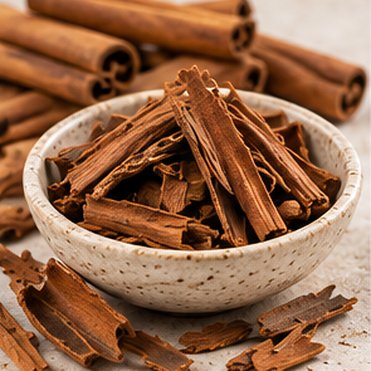 Broken Cinnamon Bark Pieces in a speckled ceramic bowl showing the naturally textured, layered dried bark